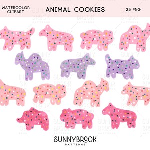 May include: A set of 25 watercolour animal cookie illustrations in pink, purple, and white with sprinkles. The illustrations are perfect for crafting, scrapbooking, and digital design.