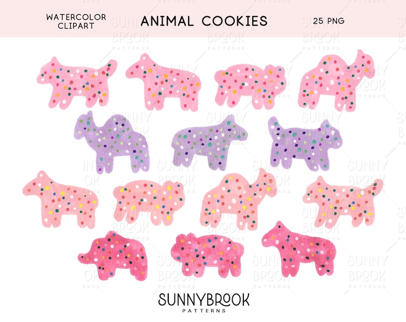 May include: A set of 25 watercolour animal cookie illustrations in pink, purple, and white with sprinkles. The illustrations are perfect for crafting, scrapbooking, and digital design.