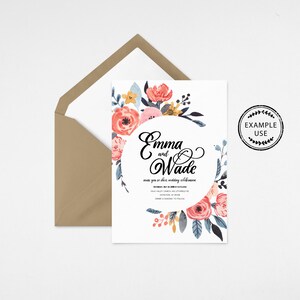 May include: A wedding invitation with a floral design featuring pink, blue, and yellow flowers. The text "Emma and Wade" is written in cursive script.