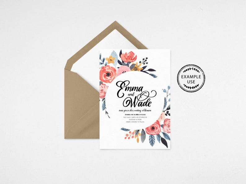 May include: A wedding invitation with a floral design featuring pink, blue, and yellow flowers. The text "Emma and Wade" is written in cursive script.