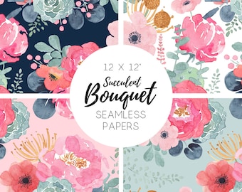 Seamless Floral Paper, watercolor floral paper, Seamless Patterns, Digital Paper, Scrapbook, Flowers, Cactus - SucculentBouquet