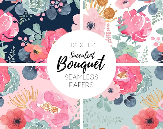 Seamless Floral Paper, watercolor floral paper, Seamless Patterns, Digital Paper, Scrapbook, Flowers, Cactus - SucculentBouquet