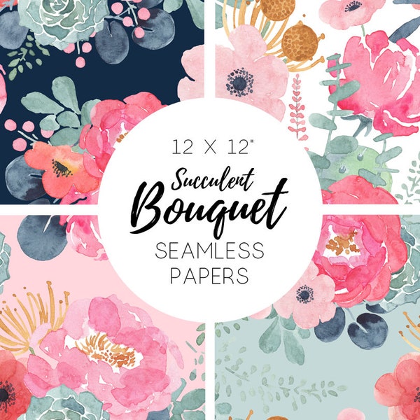 Seamless Floral Paper, watercolor floral paper, Seamless Patterns, Digital Paper, Scrapbook, Flowers, Cactus - SucculentBouquet