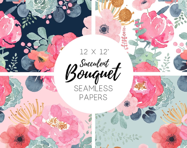 Puede incluir: Cuatro patrones de papel digital sin costuras con ilustraciones de acuarela de flores rosas y rojas, suculentas y vegetaci&oacute;n. Los patrones miden 12 pulgadas por 12 pulgadas y est&aacute;n etiquetados como "Succulent Bouquet Seamless Papers".