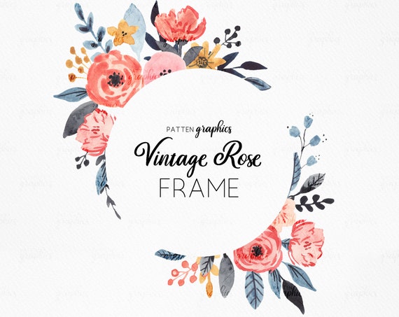 Vintage Rose floral frame clipart, Watercolor flower frame,  Floral wreath in pink and blue, by Patten Graphics - VintageRose
