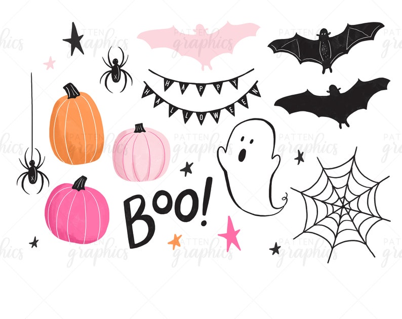 Cute Halloween Clipart, Pink Halloween Clipart, Pink Pumpkin Clip Art, happy hand-drawn ghost and bats, party decor HappyHalloween image 2