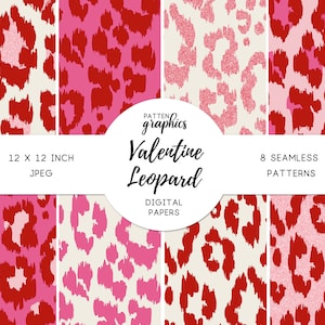May include: Eight seamless digital paper patterns featuring a pink and red leopard print design. The patterns are 12 x 12 inches and are perfect for Valentine's Day crafts.