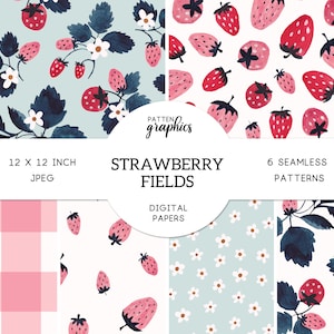Strawberry Digital Paper, Watercolor Strawberries Seamless Pattern, Cute Pink Summer Wild Berries, Commercial Use - StrawberryFields