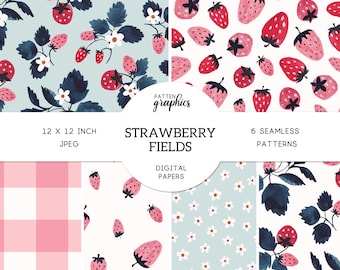 Strawberry Digital Paper, Watercolor Strawberries Seamless Pattern, Cute Pink Summer Wild Berries, Commercial Use - StrawberryFields