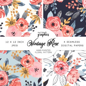 Watercolor Floral Digital Paper, Seamless Floral Pattern, Coral & Navy Floral Background, Commercial Use - VintageRose by Patten Graphics