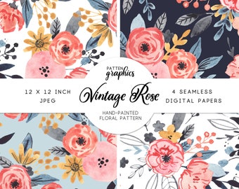 Watercolor Floral Digital Paper, Seamless Floral Pattern, Coral & Navy Floral Background, Commercial Use - VintageRose by Patten Graphics