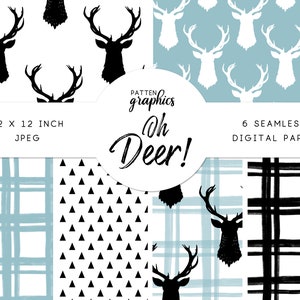 Oh Deer Digital Paper, Blue, Boy Deer Head, Seamless Pattern, Black and White Silhouette, Antlers, Mount, Plaid - OhDeer