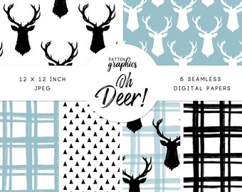 Oh Deer Digital Paper, Blue, Boy Deer Head, Seamless Pattern, Black and White Silhouette, Antlers, Mount, Plaid - OhDeer