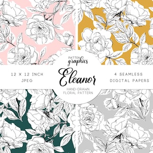 Rose Floral Digital Paper, Hand Drawn  Delicate Seamless Pattern, Floral Background in Pink & Mustard, Commercial Use Available - Eleanor
