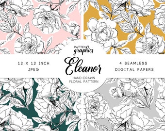 Papel digital floral con rosas, delicado patrón sin costuras dibujado a mano, fondo floral en rosa y mostaza, uso comercial disponible - Eleanor