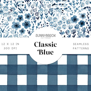 Motif floral bleu numérique, petit motif floral sans couture, papier numérique bleu et blanc, motif floral bleu marine sans couture, classique, aquarelle