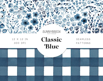 Blue Floral Pattern Digital, Ditsy Floral Seamless Pattern, Blue & White Digital Paper, Navy Floral Seamless Pattern, Classic, Watercolor