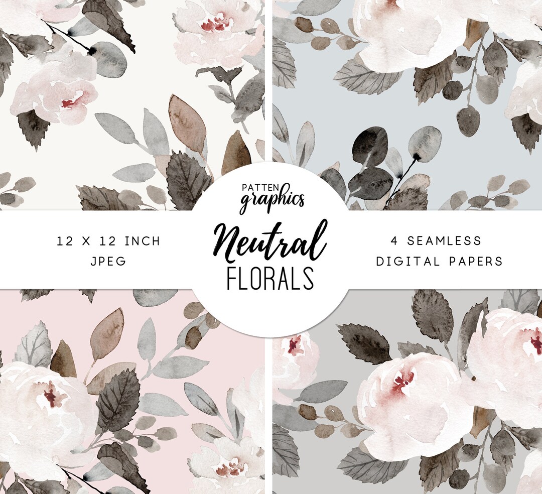 Neutral Floral Digital Paper, Soft Muted Watercolor Flowers Seamless ...