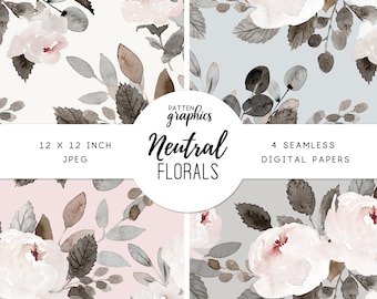 Neutral Floral Digital Paper, Soft Muted Watercolor Flowers Seamless Pattern, Floral Background for Scrapbook - NeutralFlorals