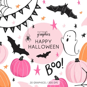かわいいハロウィン クリップアート、ピンクのハロウィン クリップアート、ピンクのカボチャ クリップアート、手描きの幸せな幽霊とコウモリ、パーティーの装飾 - HappyHalloween