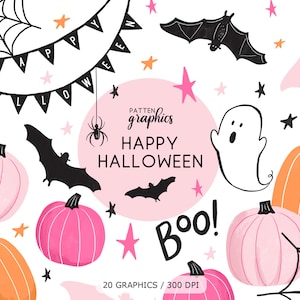 Cute Halloween Clipart, Pink Halloween Clipart, Pink Pumpkin Clip Art, happy hand-drawn ghost and bats, party decor HappyHalloween image 1