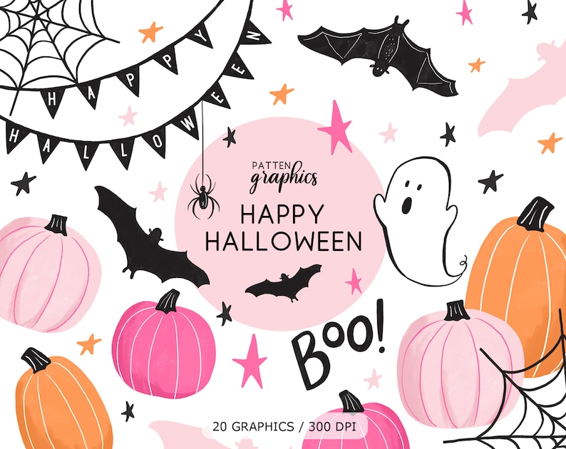 Cute Halloween Clipart, Pink Halloween Clipart, Pink Pumpkin Clip Art, happy hand-drawn ghost and bats, party decor HappyHalloween image 1