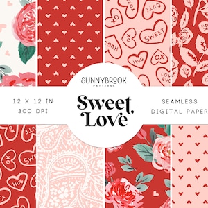 Papier numérique pour la Saint-Valentin, Modèle sans couture pour la Saint-Valentin, Pack de papier numérique, Usage commercial, Papier de scrapbooking, Cœurs, Floral, Aquarelle