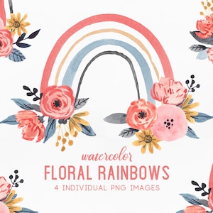 Clipart arc-en-ciel aquarelle, arcs-en-ciel floraux aquarelles, corail neutre style vintage peint à la main - FloralRainbows