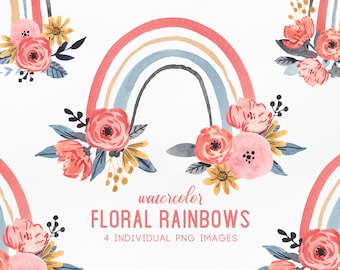 Watercolor Rainbow Clipart, Floral Watercolor Rainbows, Handpainted Vintage Style Neutral Coral - FloralRainbows