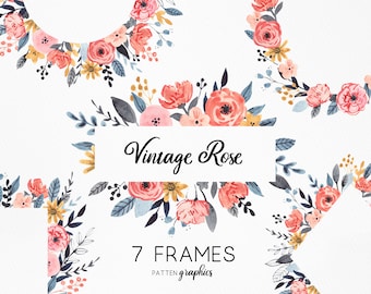 May include: Seven watercolor floral frames with pink, peach, and yellow flowers, blue-grey leaves, and gold accents. The frames are arranged in a circular pattern around the text "Vintage Rose" and "7 FRAMES PATTERNS graphics".