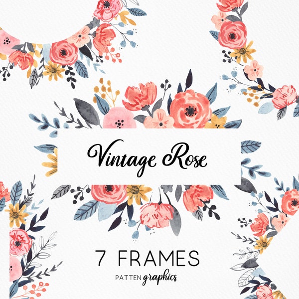 Clipart cadre floral rose, couronne de fleurs aquarelle, cadres de fleurs pour faire-part, image de marque et plus encore, par Patten Graphics - VintageRose