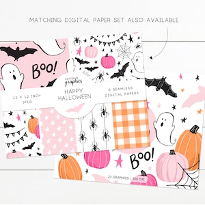 Cute Halloween Clipart, Pink Halloween Clipart, Pink Pumpkin Clip Art, happy hand-drawn ghost and bats, party decor HappyHalloween image 3