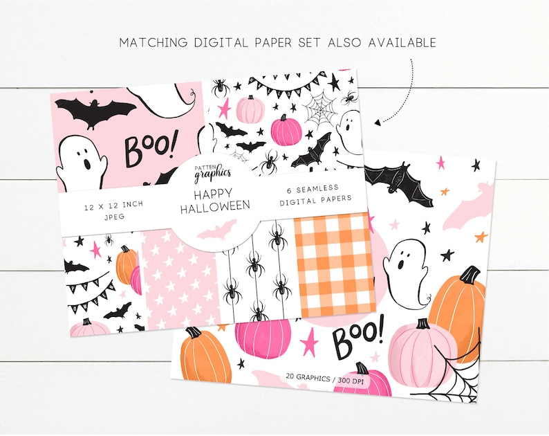 Cute Halloween Clipart, Pink Halloween Clipart, Pink Pumpkin Clip Art, happy hand-drawn ghost and bats, party decor HappyHalloween image 3