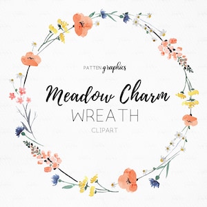 Wildflower wreath clipart, Watercolor floral wreath, Round Flower Wreath, Light Pastel Design in Coral & Yellow - MeadowCharm