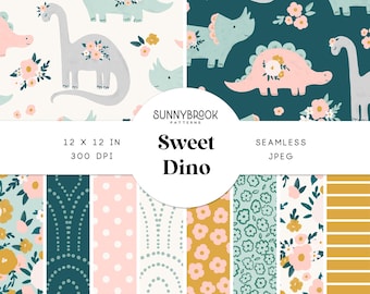 May include: A digital collection of seamless patterns titled Sunnybrook Patterns Sweet Dino, featuring illustrations of dinosaurs with floral accents, alongside floral prints, polka dots, and stripes in shades of pink, teal, and mustard yellow.