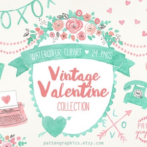 Watercolor Valentines Clipart | Valentine Clipart Vintage - Clipart Valentine's Day - Wedding Clipart - Typewriter