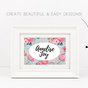 Puede incluir: Un marco blanco con un estampado floral y el texto "Annelise Joy" en un &oacute;valo blanco.