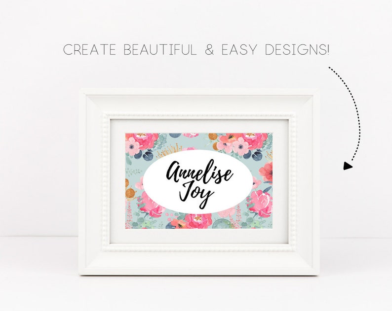 Puede incluir: Un marco blanco con un estampado floral y el texto "Annelise Joy" en un &oacute;valo blanco.