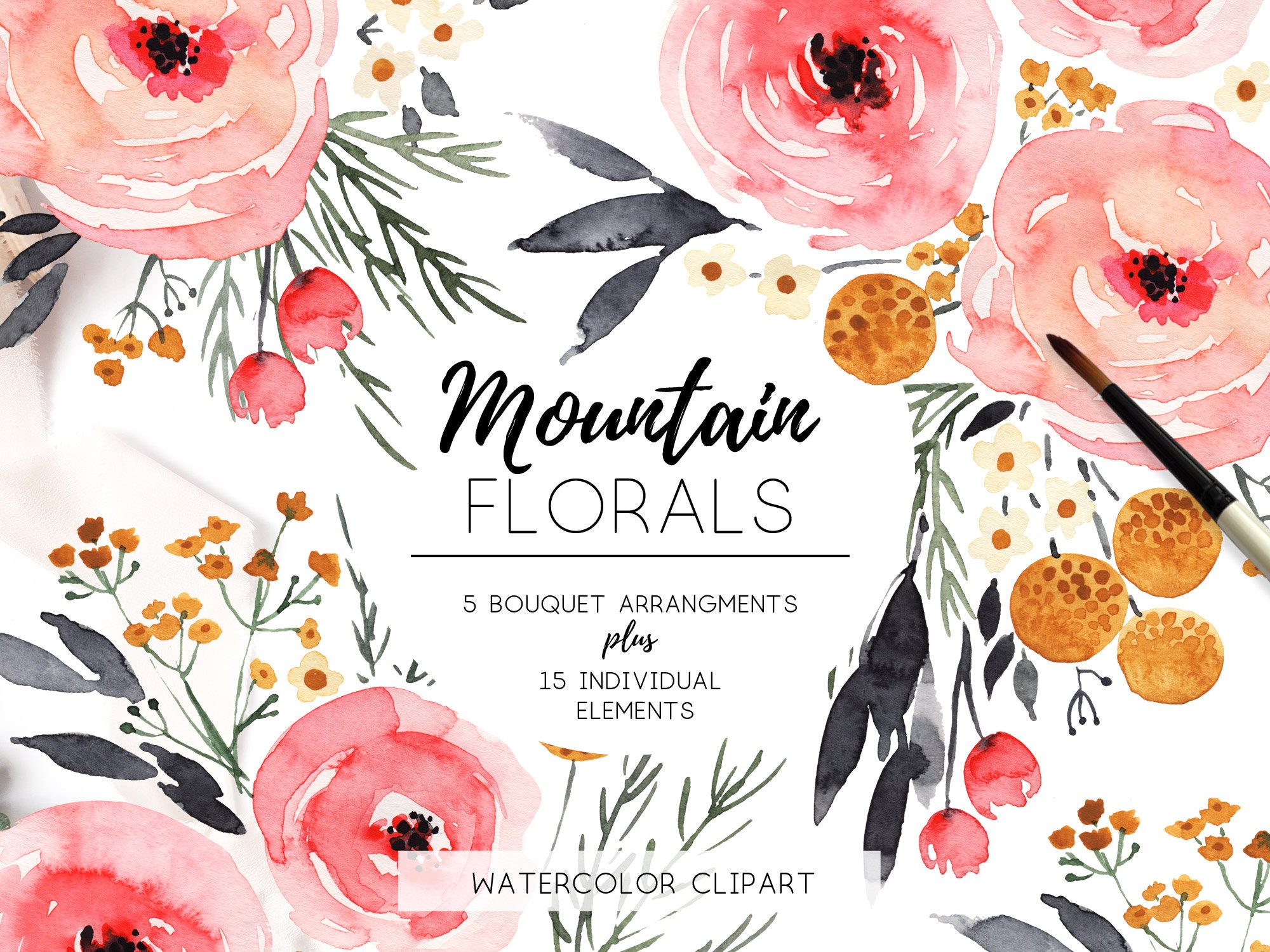 Clipart floral de acuarela Boho, imágenes prediseñadas de flores de acuarela, clip art floral rústico, coral, rosa, mostaza, rosas, flor silvestre - MountainFloral - 1