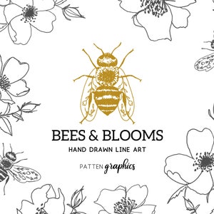 Clipart de silueta de abeja dibujada a mano, dibujo de abeja con pluma y tinta, arte lineal de abejorro amarillo y rosa salvaje - BeesandBlooms