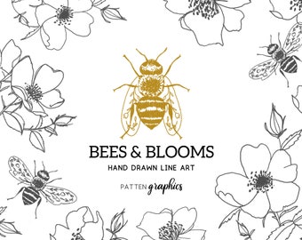 Hand Drawn Bee Silhouette Clipart, Pen and Ink Sketch Honeybee Drawing, Yellow Bumblebee and Wild Rose Line Art - BeesandBlooms