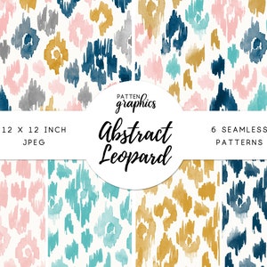 May include: Six seamless digital paper patterns featuring abstract leopard print designs in pink, blue, teal, and gold watercolor. Each pattern is 12 inches by 12 inches.