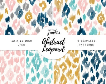 Watercolor Abstract Leopard Seamless Pattern, Colorful Ikat Animal Print Digital Paper, Jaguar Surface Pattern, Pink, Teal, Aqua, Gold