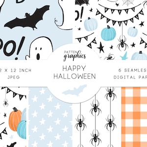 Niedliches Halloween Digital Papier, Blaue Halloween Muster, handgezeichnete Pastell, blaue Kürbisse, digitales Scrapbook Papier - HappyHalloween