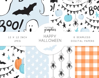 Cute Halloween Digital Paper, Blue Halloween Seamless Patterns, hand-drawn pastel, blue pumpkins, digital scrapbook paper - HappyHalloween