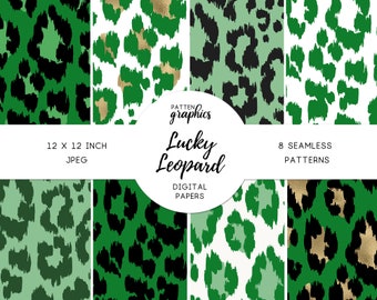 St. Patrick's Day Digital Paper, Green & Gold Leopard Print, Cheetah Seamless Pattern, Saint Paddy's Animal Print