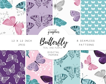 Teal & Purple Butterflies Digital Paper, Seamless Butterfly Pattern, Girl's Repeatable Pattern, Pink Watercolor Butterfly