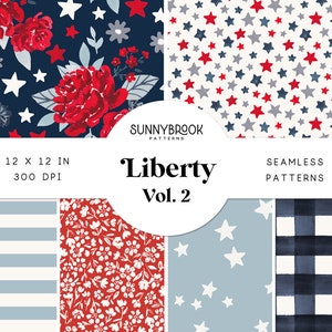 Naadloze patronen voor Independence Day, patriottisch digitaal papier, rood wit en blauw digitaal papier, 4 juli naadloos, aquarel bloemen, sterren