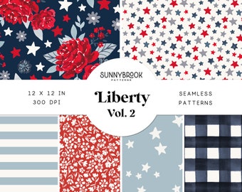 Independence Day seamless patterns, Patriotic Digital Paper, Red White & Blue Digital paper, 4th of July Seamless, Watercolor floral, stars
