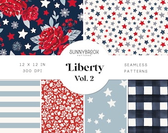 Independence Day seamless patterns, Patriotic Digital Paper, Red White & Blue Digital paper, 4th of July Seamless, Watercolor floral, stars